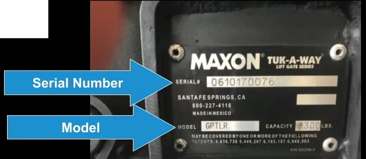 Example Maxon serial plate showing Serial Number and Model